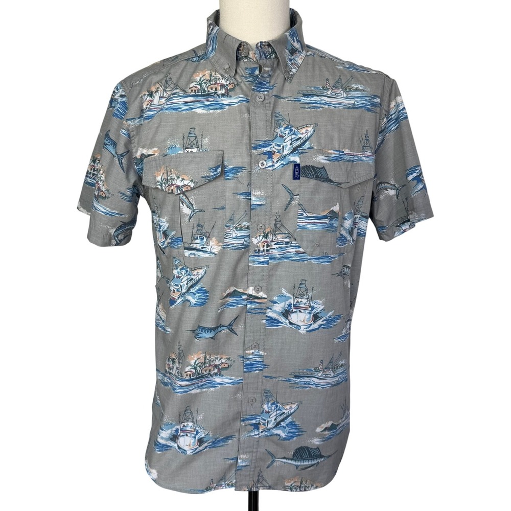 AFCO NEW Mens Medium Short Sleeve Fishing Boat Marlin Print Shirt Vented Outdoor